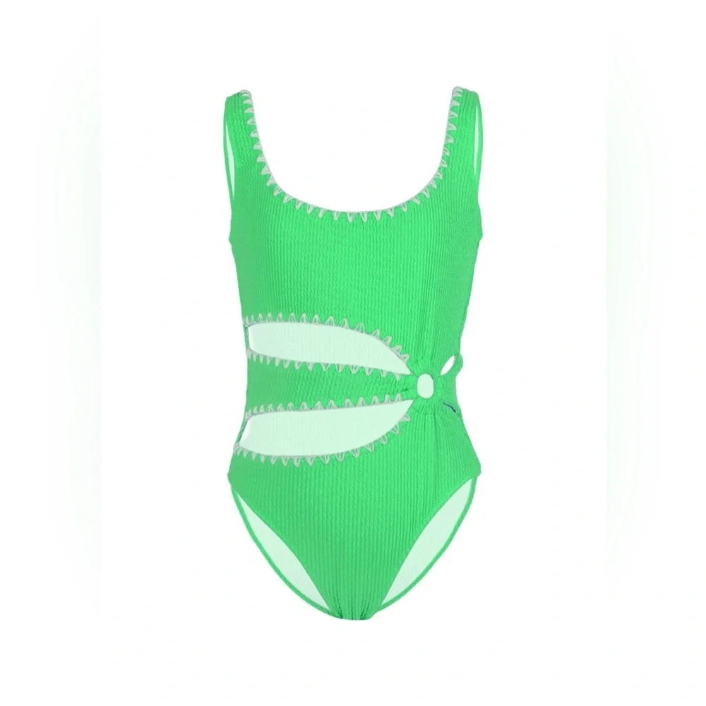 Nessi Byrd Kids Katty Bright Green Textured Cut Out One Piece Bathing Suit Sz 14